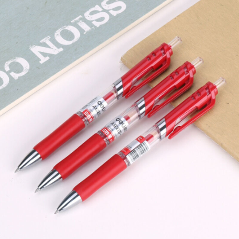 得力33388 按动中性笔签字笔黑色碳素水笔学生办公用品 0.5mm 12支红色