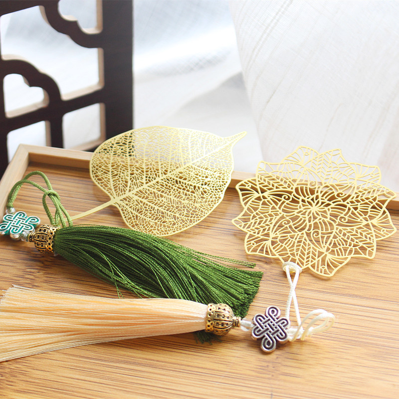 金属莲花荷花涟漪菩提叶黄铜镂空叶脉流苏古典书签|菩提叶+曼陀罗中国结款PP装