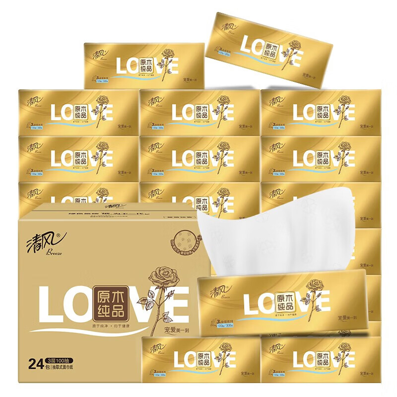 清风 抽纸 原木金装系列100抽抽取式面纸3层24包/箱AR42GZZ2