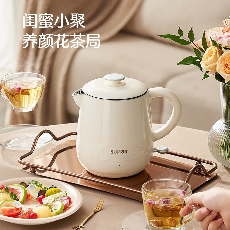 苏泊尔(SUPOR)电水壶家用烧水壶600ml容量304不锈钢无缝内胆热水壶自动断电双层防烫开水壶 SW-06D01