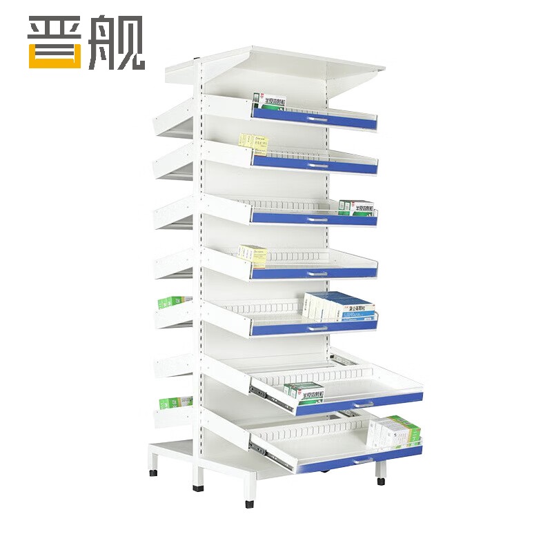 晋舰药架医院开放式西药架加厚轨道式卫生室药品架背板款双面七层