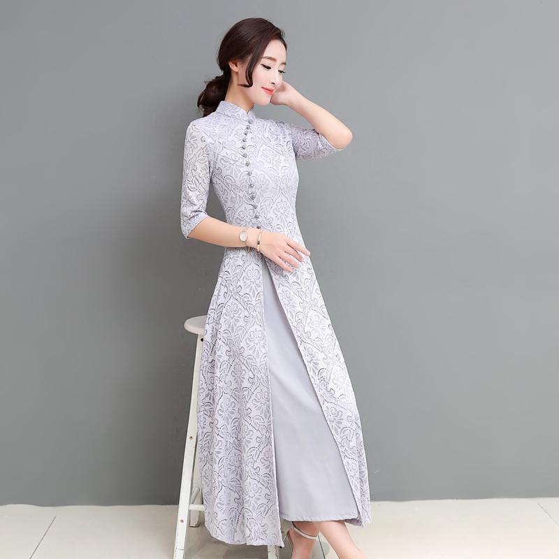 女士年春新品女装复古立领改良旗袍礼服气质开叉A字裙蕾丝连衣裙
