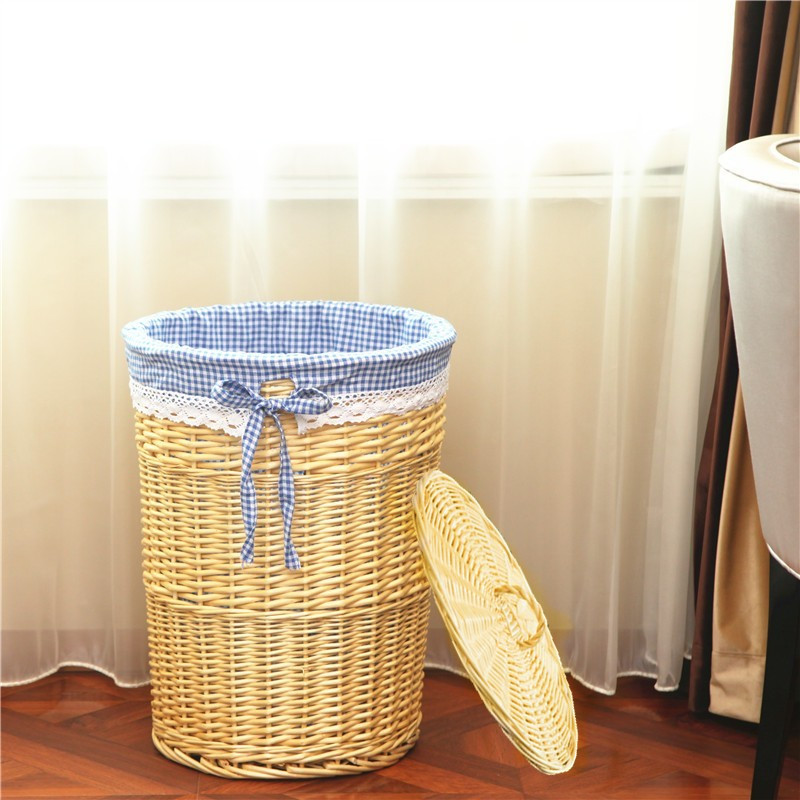 脏衣篮藤编收纳筐脏衣篓家用衣物收纳篮藤编筐火锅店衣服收纳筐篮 有盖原木色蓝格子布小号口31cm高36cm