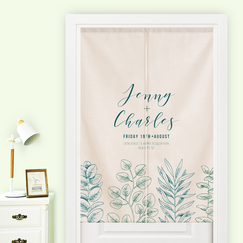 北欧绿色植物帘布艺半帘卧室窗帘卫生间玄关隔断半截帘简约现代 生活调味叶门帘送杆 宽85*高180cm对开