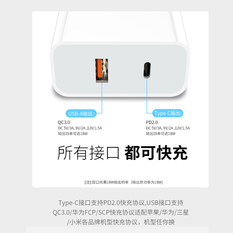 VIPin 苹果PD双口快充充电器18w USB接口 type-c接口二合一 通用苹果12华为小米vivo oppo