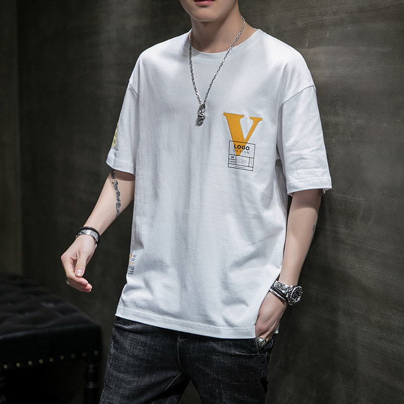 纯棉短袖T恤男士夏季休闲印花圆领套头宽松半袖T恤上衣男