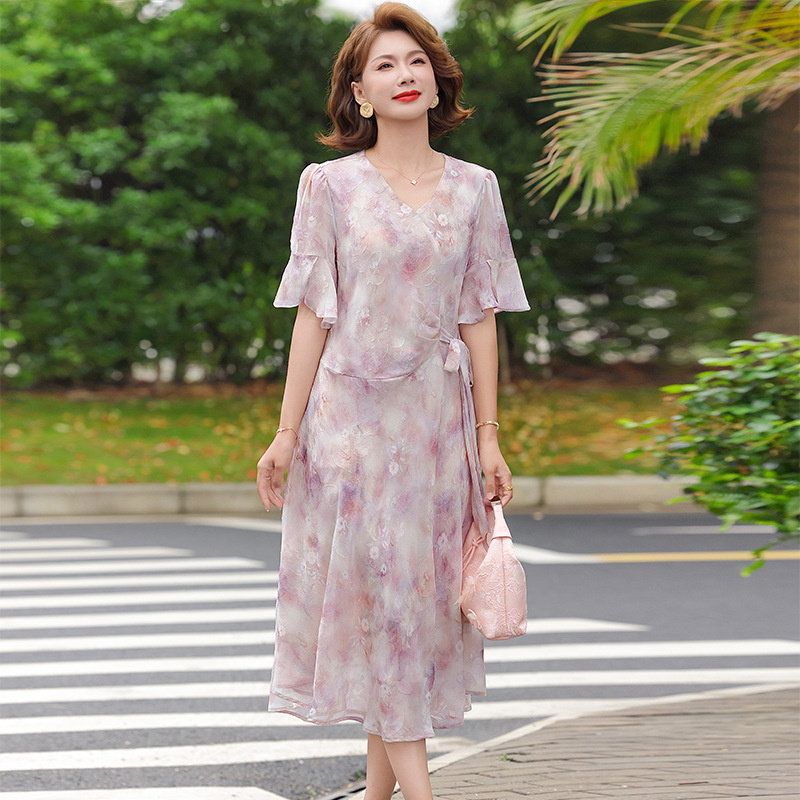 纤孜雅 中年妈妈短袖连衣裙女新款夏季气质洋气温柔裙子高贵长裙夏装高清大图