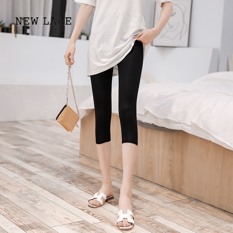 new lake莫代尔七分裤女夏薄款高腰弹力大码中长安全裤半截过膝打底