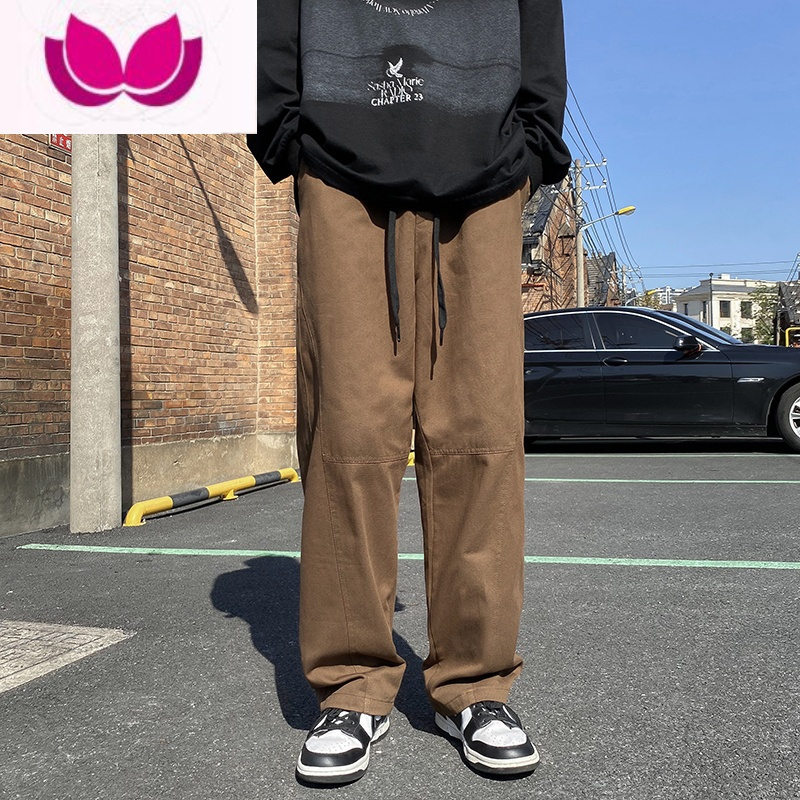 七斓秋季纯色简约阔腿裤男复古直筒工装裤港风小众美式宽松个性九分裤