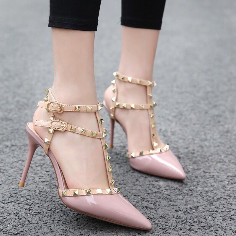 跟凉鞋欧美性感铆钉包头单鞋一字扣绑带尖头超高跟女鞋粉色6cm跟高37