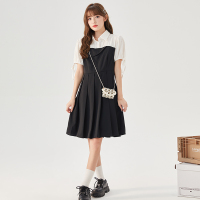 [2.5折价110元]唐狮夏装新款拼接连衣裙女短款百褶学院风宽松韩版淑女潮流
