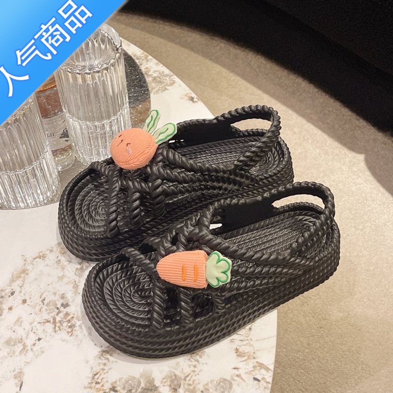 SUNTEK可爱花花凉鞋女夏季外穿2023年新款厚底松糕百搭海边沙滩罗马鞋子 黑黄色 37-38