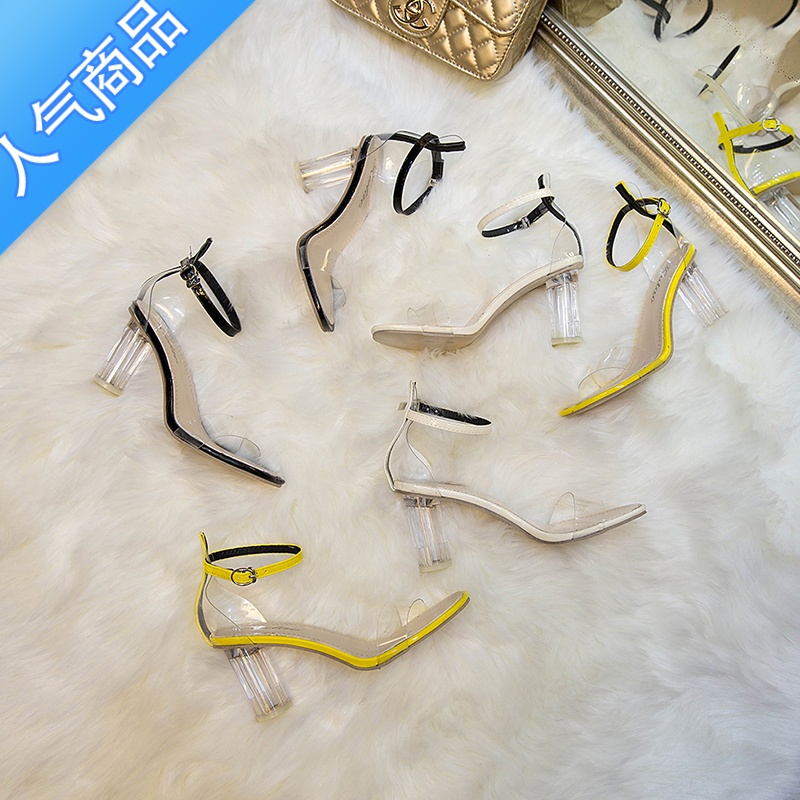 SUNTEK凉鞋女仙女风2023夏季新款百搭学生中粗跟透明一字扣带水晶高跟鞋高清大图