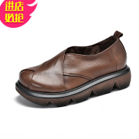 金三志素色2021新款复古女鞋皮厚底鞋松糕底防水台套脚圆头单鞋大头鞋休闲鞋