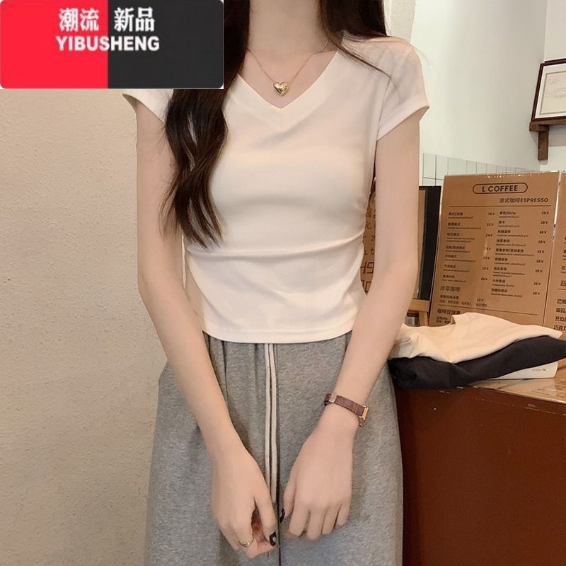 YIBUSHENG正肩短袖女t恤2024新款季修身显瘦不规则设计短款辣妹上衣高清大图