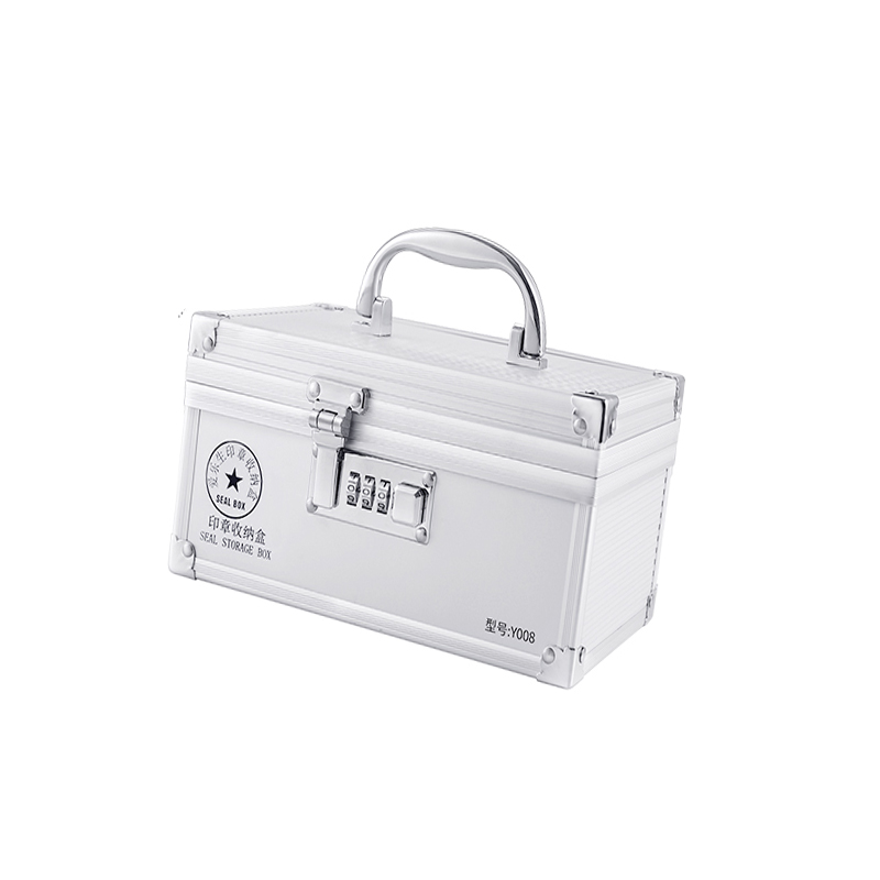 得力 公章盒子收纳盒铝合金手提带锁多功能财务印鉴章印章箱印章盒 6格高清大图