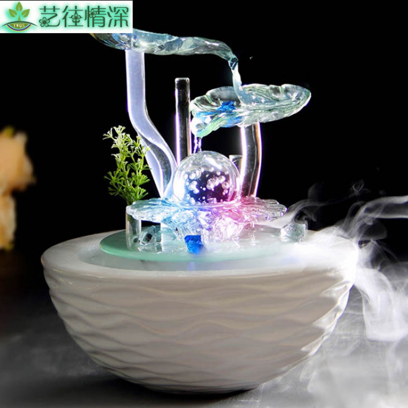 家居小型客厅鱼缸流水电视柜摆件陶瓷喷泉桌面加湿器创意生日 三维工匠 A306-海洋蓝(含)高清大图
