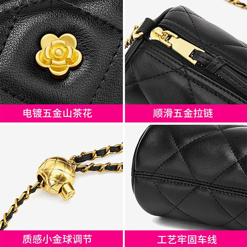 马克华菲牛皮包包女包时尚菱格单肩斜挎包新潮百搭圆筒小金球链条包