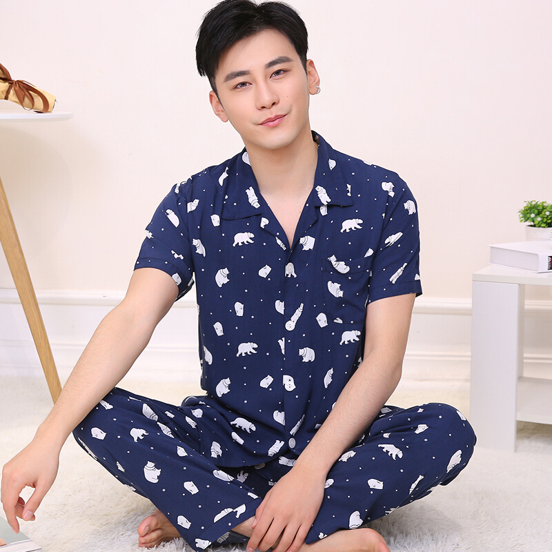 夏季男士棉绸睡衣短袖大码春秋薄款绵绸人造棉宽松长裤家居服套装