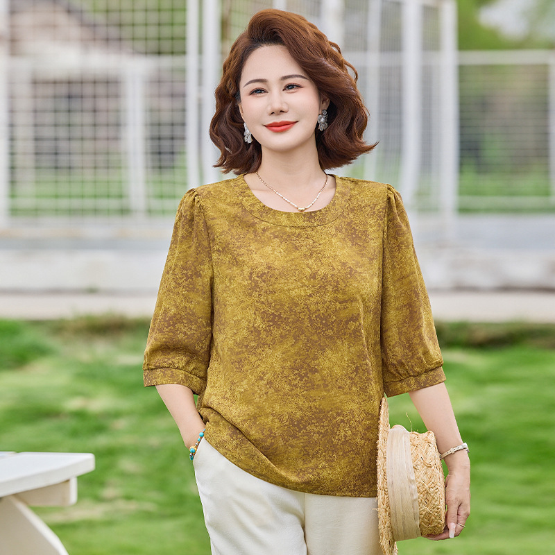 纤孜雅 夏季新款中老年妈妈装七分袖打底衫圆领宽松休闲减龄小衫透气上衣高清大图