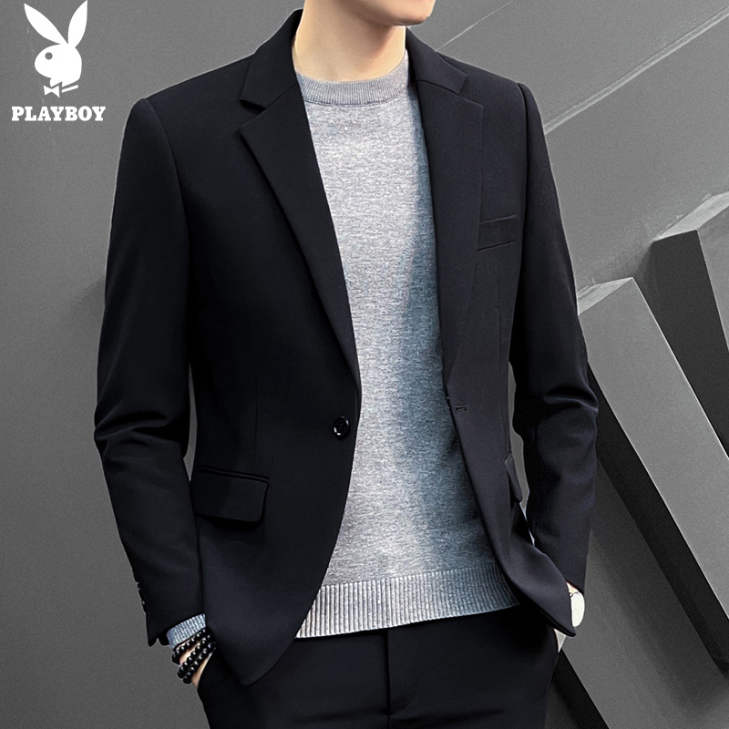 花花公子痞帅小西装男士秋季商务韩版潮流帅气休闲修身黑色西服外套男