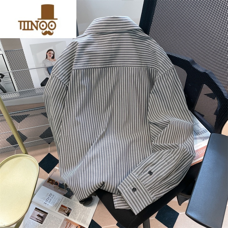YANXU美式复古感痞帅条纹衬衫外套男女港风宽松休闲长袖上衣潮高清大图