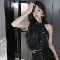 黑色挂脖上衣 亮片露背挂脖上衣 均码 气质女神范 黑色到脚踝挂脖长裙两件套女辣妹性感独特设计流苏亮片露背连衣裙