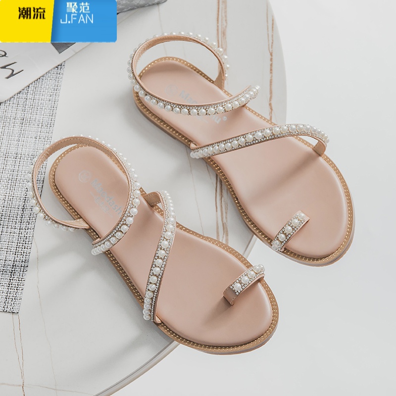 聚范凉鞋女夏平底2023新款仙女风珍珠水钻泰国软底32波西米亚33小码31 杏色 41