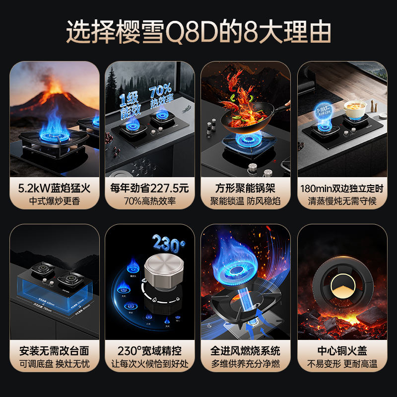 樱雪INSE燃气灶天然气双灶具 家用5.2kW定时聚能猛火灶灶台嵌两用 70%高热效可调节底盘Q8D高清大图