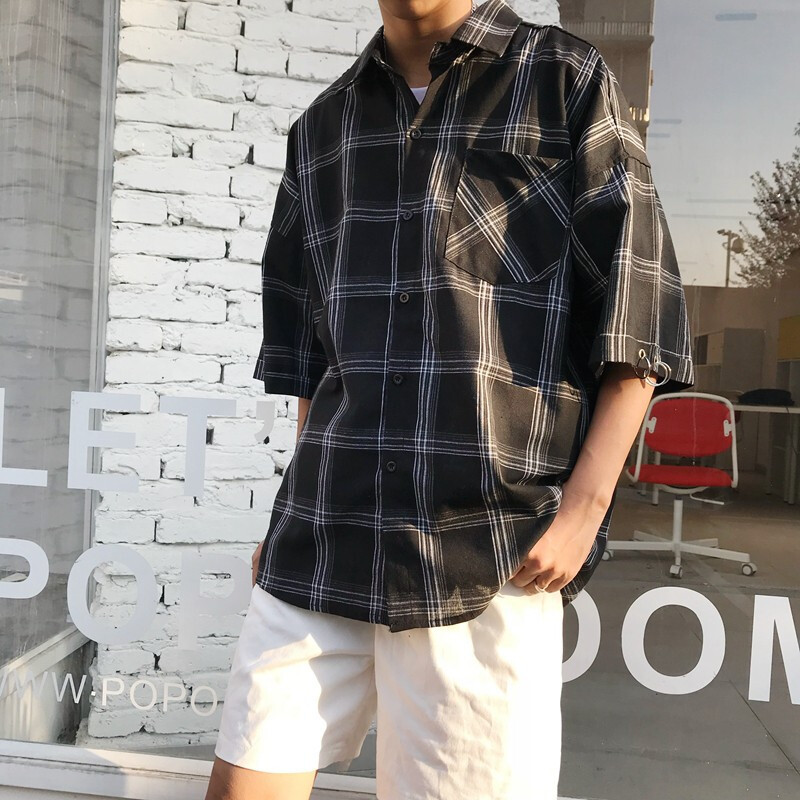 18韩复经典格铁环宽松短袖衬衫男款
