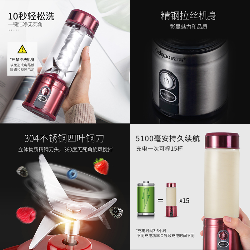 格立高(Geligao)GLG-520家用便携式榨汁机家用水果小型果汁机迷你榨汁杯多功能料理机450ML高清大图