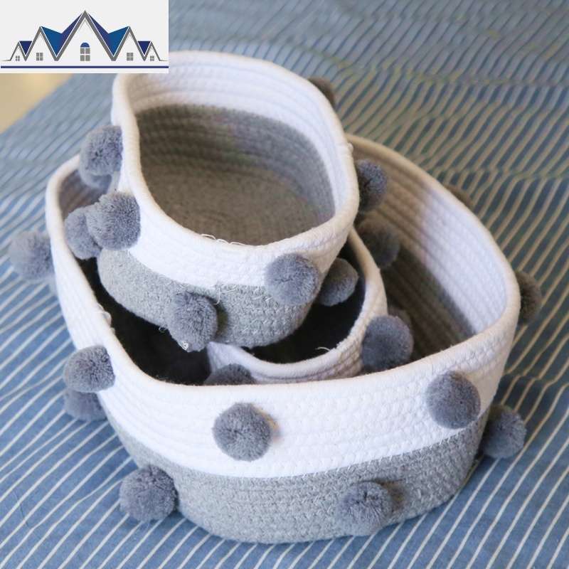 ins棉线编织收纳篮毛球简约拼接布艺收纳筐客厅桌面钥匙整理收纳 三维工匠 灰毛球一套