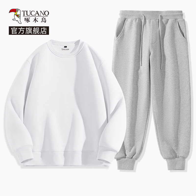 啄木鸟卫衣套装男款春秋季宽松大码圆领外套男士束脚卫裤运动裤Y 2件套白#纯色-灰#纯色 5XL