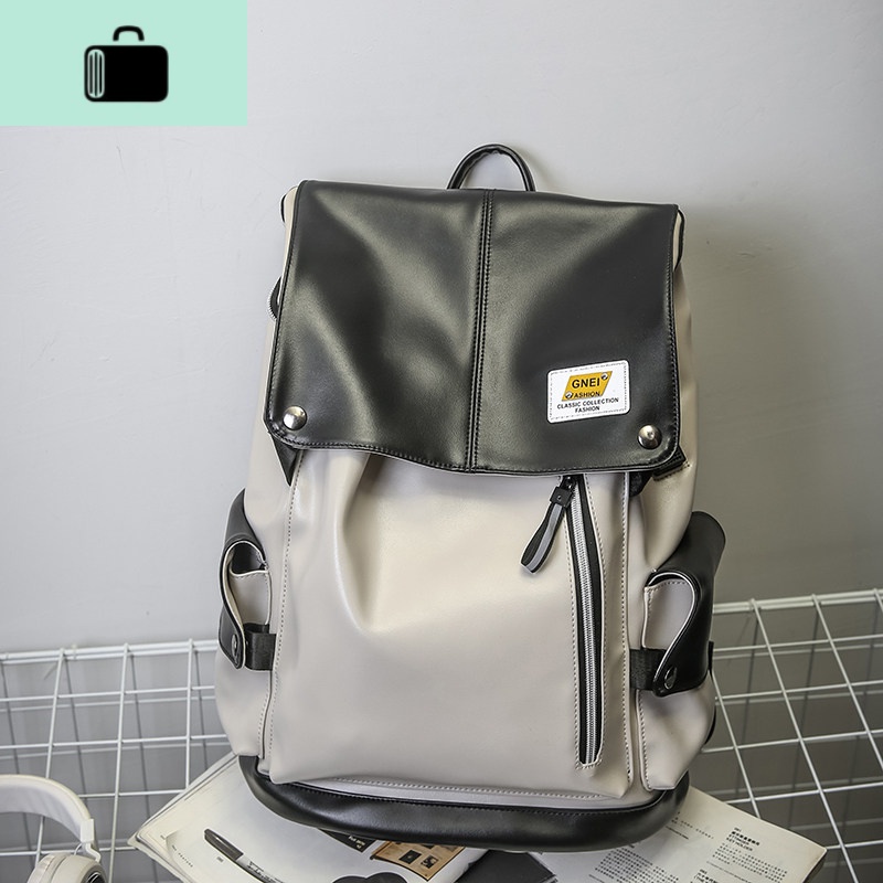 ins潮牌双肩包男pu皮质时尚潮流大容量旅行背包校园大学生书包女NEW LAKE 米色