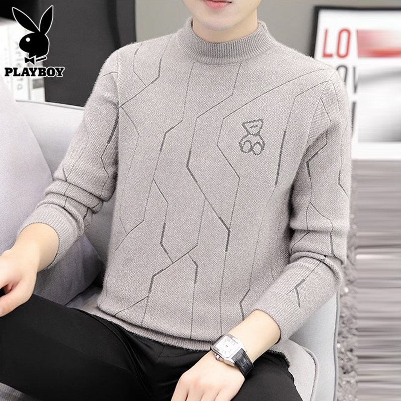 花花公子水貂绒毛衣男士半高领打底毛线衣春秋季新款修身针织衫新高清大图