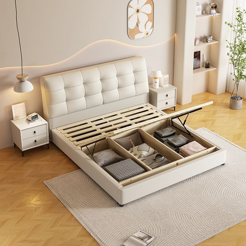 奶油风真皮床轻奢现代简约双人床主卧室实木储物床家用软包大婚床高清大图