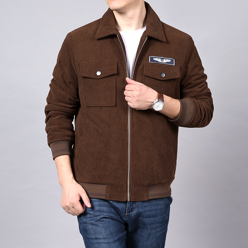 男士夹克秋冬加厚灯芯绒休闲开衫外套弹力工装翻领运动上衣短款夹克衫
