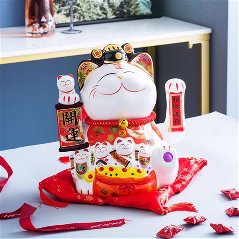 陶瓷大号金色猫摆件自动招手开业店铺收银台家居存钱罐发财猫 三维工匠 11寸【B款生意兴隆】高24cm摇手_888