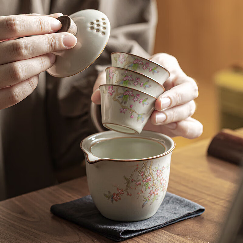 米黄汝窑快客杯粉桃迎春三杯四方包陶瓷旅行功夫茶具套装
