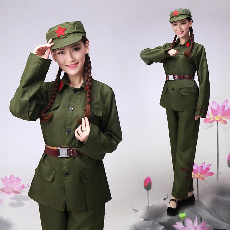 儿童红演出服八路军战服装解放帽表演服男女fjq长袖军绿色(帽子腰带衣服裤子)