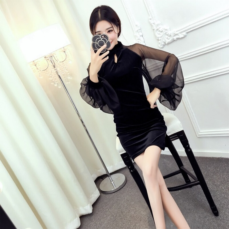 韩版秋装时尚夜店性感时髦女装网纱拼接金丝绒旗袍连衣裙黑色