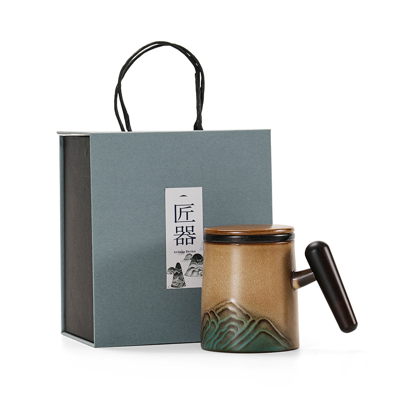 領藝 苍山茶杯茶水分离办公水杯陶瓷窑变功夫泡茶杯带过滤带盖送礼 苍山马克杯礼盒装
