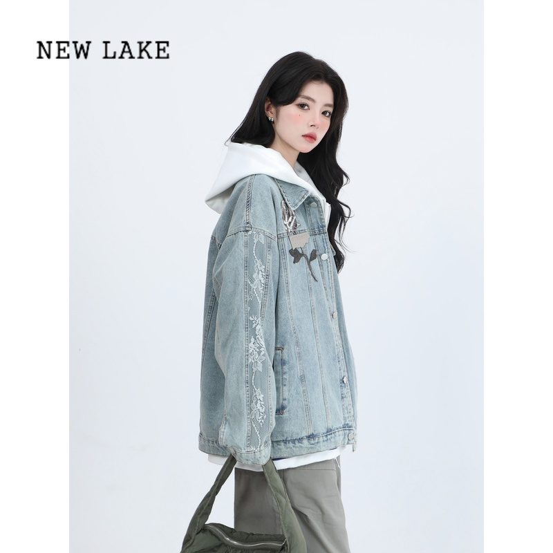 NEW LAKE[坐吃山空]国潮小众设计感玫瑰牛仔外套女春季新款百搭休闲夹克