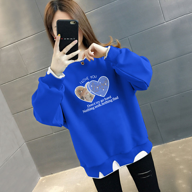假两件秋冬款上衣时尚不规则宽松显瘦ins加绒/不加绒百搭女士卫衣 2XL建议140-160斤 薄款-透明爱心【克莱因蓝】