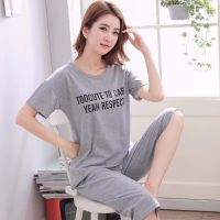 睡衣女春秋款大码长袖睡衣女韩版休闲睡衣女夏季短袖七分裤家居服_1_30 L【体重90-110斤】 【DX-灰色英文字母】