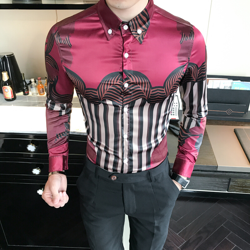 季款韩版型男士修身迷彩印花长袖衬衣型男休闲衬衫打底衫