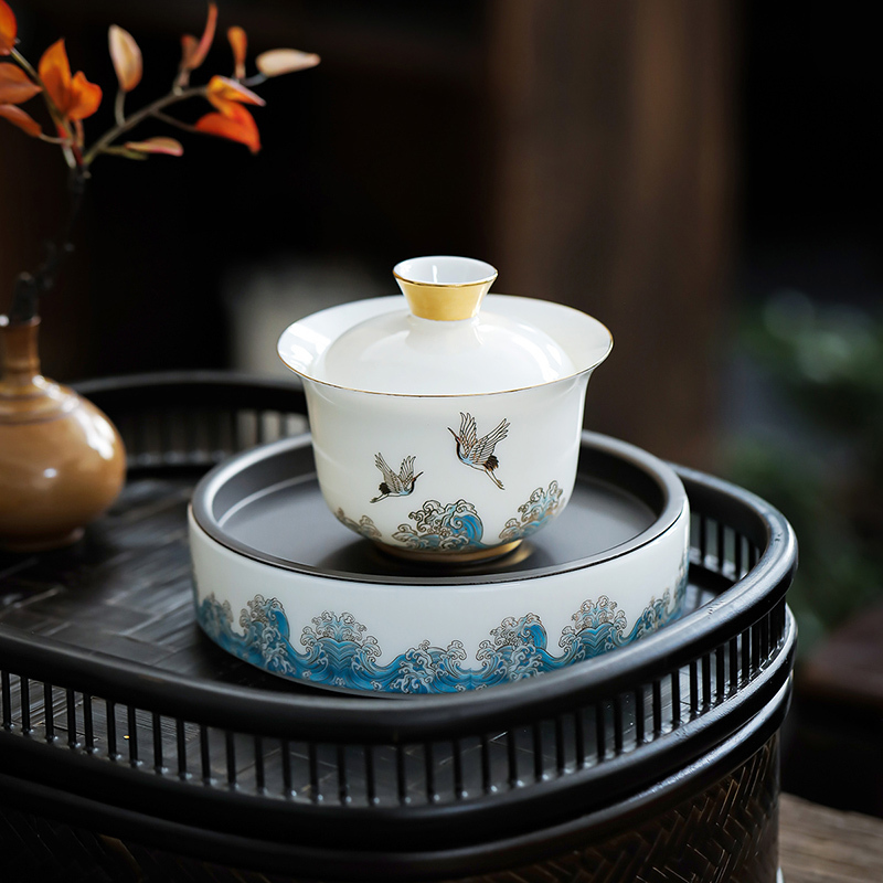領藝 祥鹤观海轻云盖碗茶杯大号单个陶瓷功夫茶具三才茶碗带壶承 祥鹤观海轻云微月盖碗