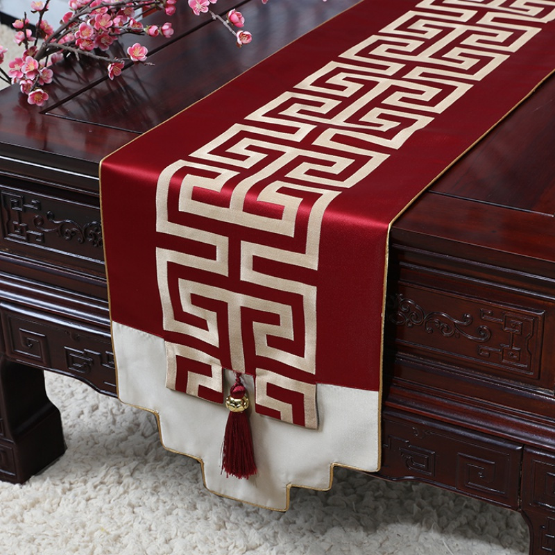 新中式古典玉桌旗茶几长条布艺中国风桌布床柜旗电视柜盖布 酒红格 34*230适合桌长170-180CM
