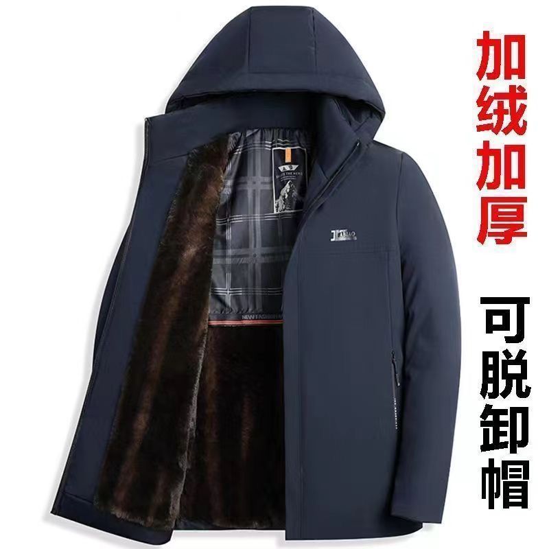 派克服冬季新款商务休闲上衣中老年保暖中长款外套帽子可脱卸 175/L码建议95-115斤 藏青色【派克服】可脱卸帽子