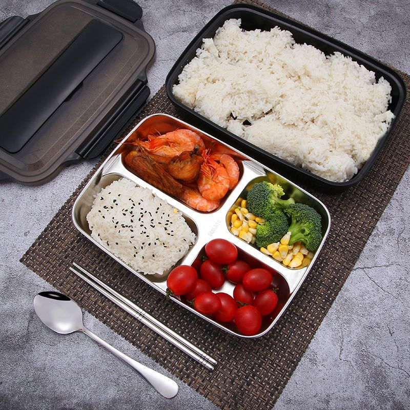 单个装[无餐具] 黑色4格[送餐具]1200mL 304不锈钢保温饭盒学生女韩版分格餐盒成人带盖便当盒微波炉加热